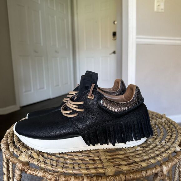ESSEUTESSE Leather Fringe Black Sneakers Comfort Slip On Size 38 Handmade Italy - Picture 2 of 14